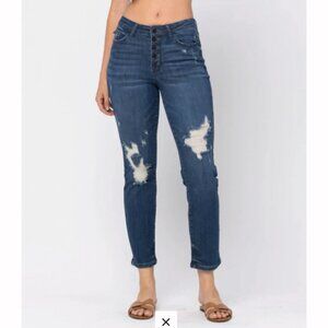 NWT Judy Blue High Rise Button Fly Boyfriend Tummy Control Distressed Jeans